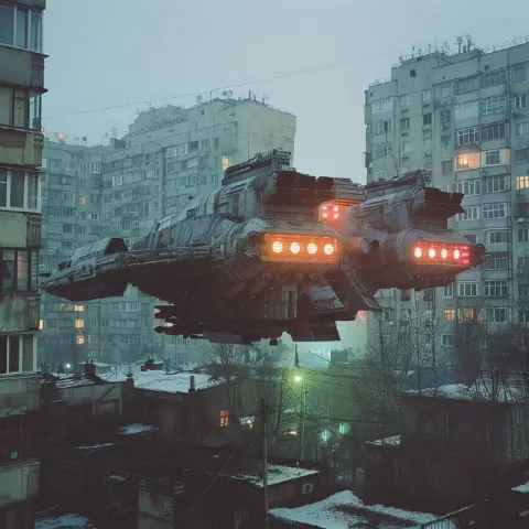 90s Disposable Photo of Star Wars Ship Over Russian Block