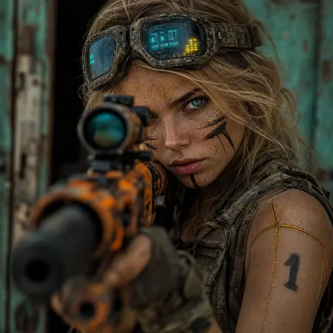 Cinematic Blonde Woman Rifle Portrait