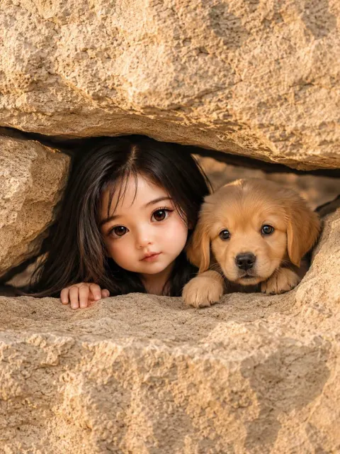 Girl and Puppy Peeking From Rocks