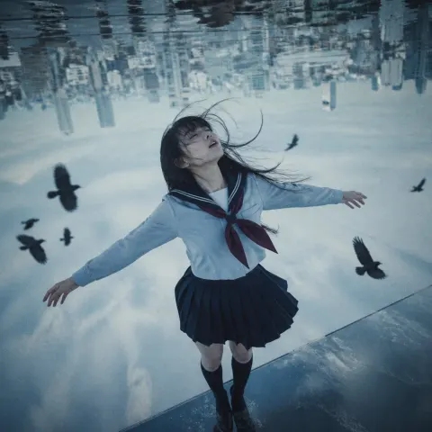 Surreal Girl Falling Into Inverted Sky