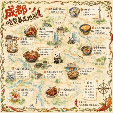 Chengdu Foodie Rampage Hand-drawn Map