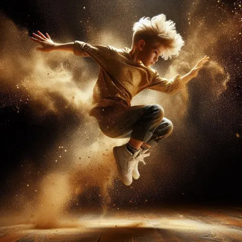 Jumping Hip-Hop Dancer Boy Made of Golden Dust