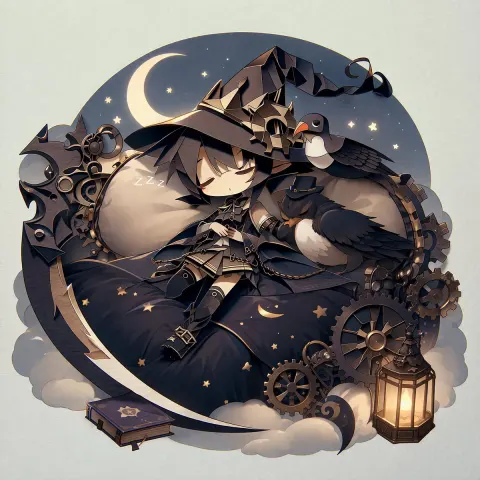 Sleeping Steampunk Witch Anime Illustration