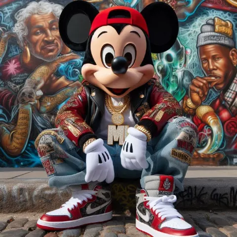 Hip Hop Mickey Mouse in Leather Jacket and Gold Chain