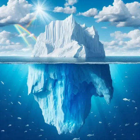 Iceberg Above and Below Water With Rainbow Sky