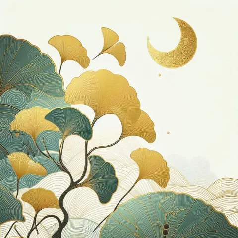 Linocut Lime Green and Gold Gilded Ginkgo Pattern