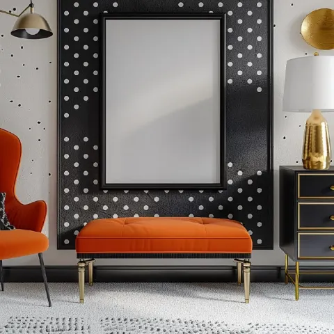 Black Frame Mockup on Polkadot Wall Over Orange Dresser