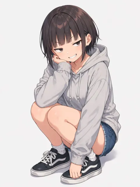 Moody Squatting Anime Girl Illustration