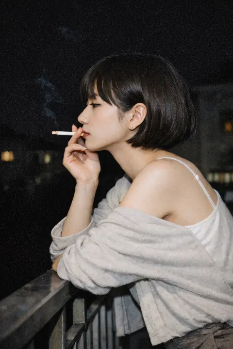 Moody Night Portrait of Smoking Woman