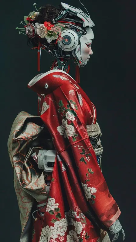 Female Robot in Red Japanese Kimono Tattoo Aesthetic