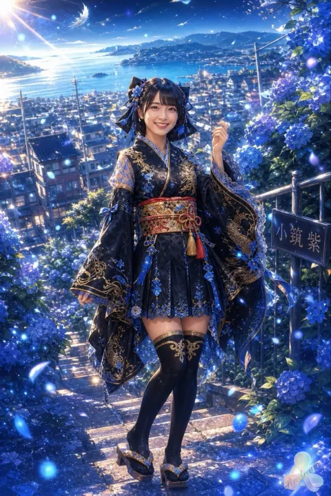 Anime Girl on Hydrangea Stairs