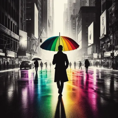 Rainbowcore Photo of Person Walking With Umbrella
