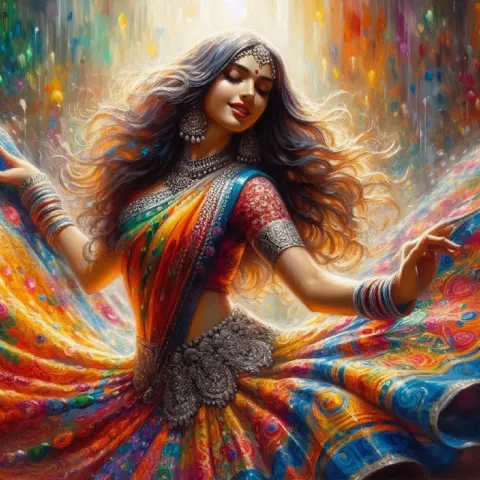 Indian Woman Twirling Colorful Skirt Oil Painting