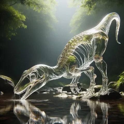 Crystal Transparent Velociraptor Drinking From Stream