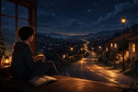 Anime Boy Night Window Scene