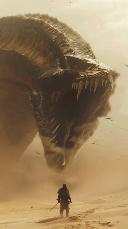 Tiny Fremen Warrior Facing Giant Sandworm in Desert
