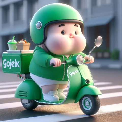 3D Chubby Bald Boy Delivering Food on Green Vespa