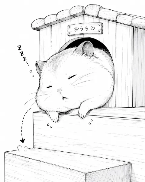 Chubby Hamster Snoozing in Tiny House