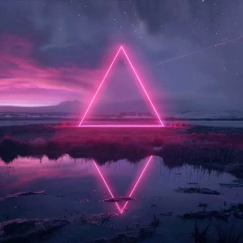 Pink Neon Triangle Glowing Under the Northern Lights