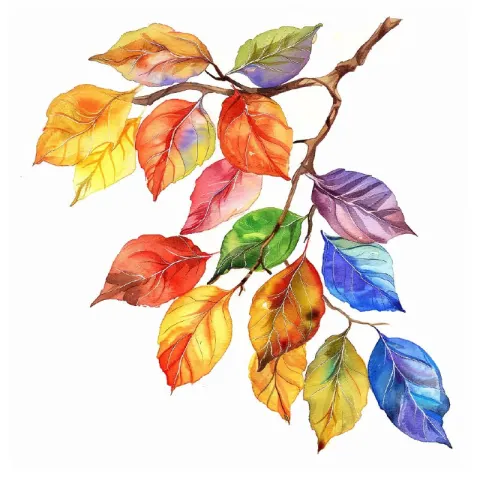 Watercolor Multicolored Autumn Leaves on a Branch