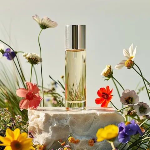 Glass Serum Bottle on Marble Block With Colorful Flowers