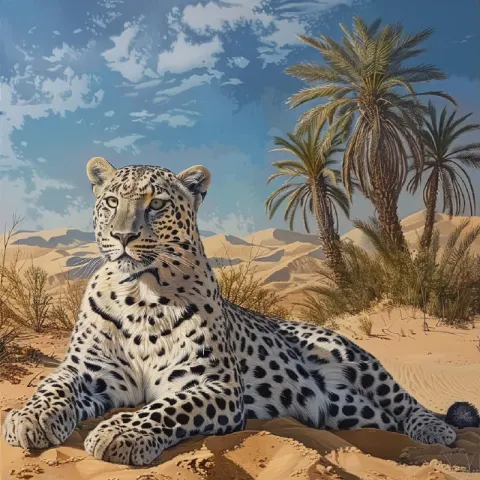 Arabian Gray Leopard in Golden Saudi Desert Oil Painting