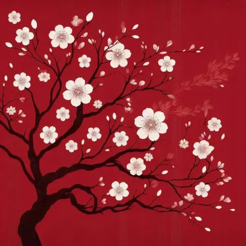 Minimalist Asian White Flower Tree on Red Background