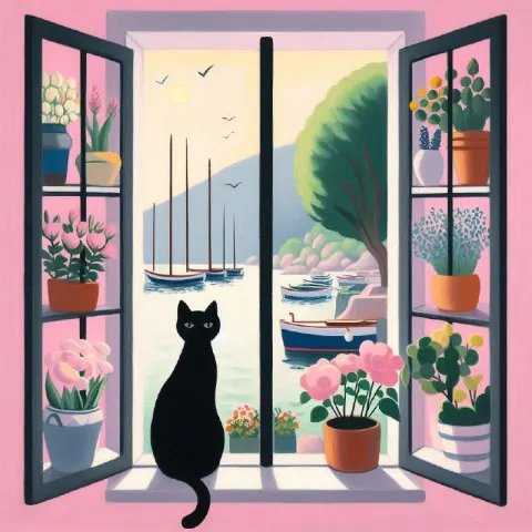 Black Cat in Matisse Style Window With Harbor View