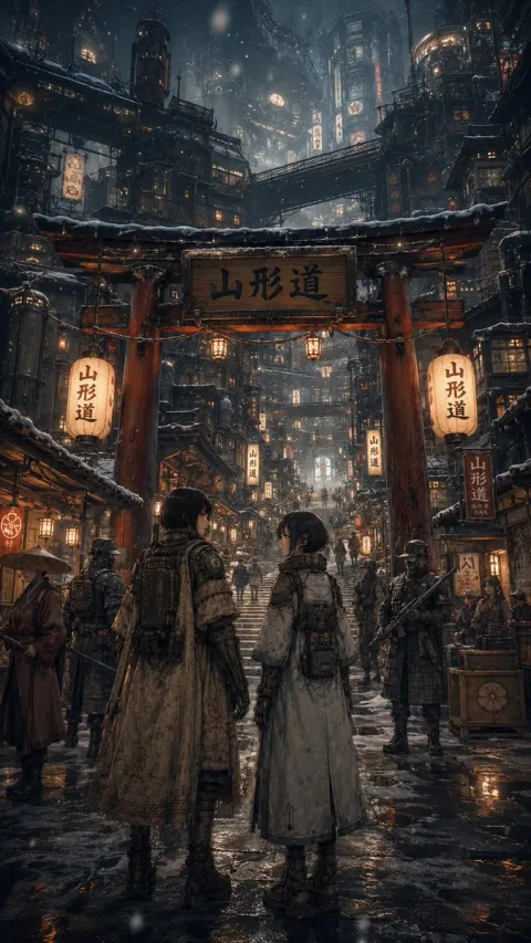 Snowy Cyberpunk Torii Gate Night