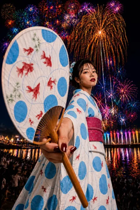 Fireworks Yukata Girl Summer Night