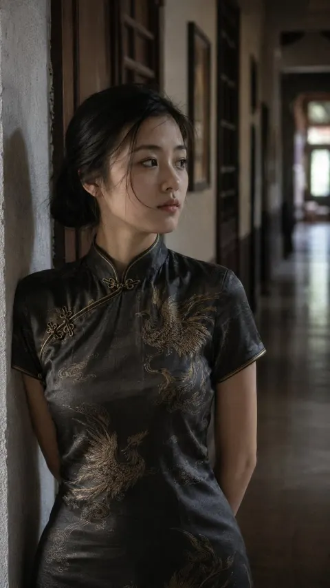 Qipao Woman in Silent Corridor
