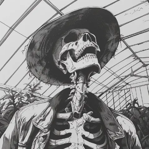 Ink Skeleton in Jacket and Hat Inside Greenhouse