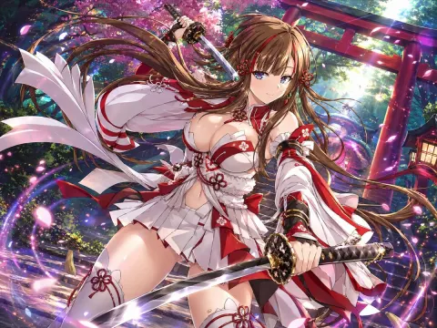 Shrine Maiden Swordswoman Cherry Blossom Action