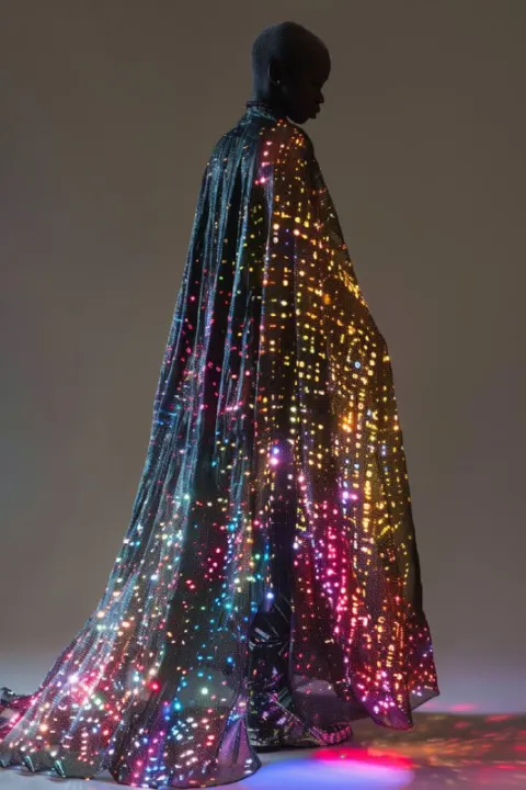 Abstract Figure in Mosaic Robe of Glowing Optical Fibers
