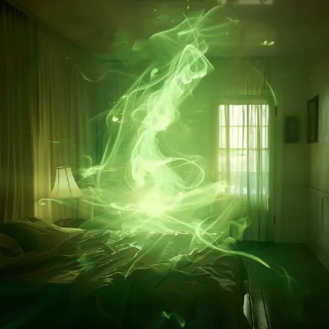 Green Energy Beings Teleporting in Ethereal Night Room