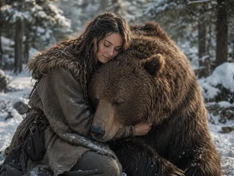 Woman Hugging Bear In Snowy Forest