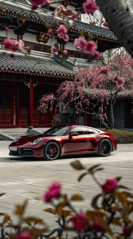 Burgundy Porsche 911 Among Plum Blossoms at Old Mansion