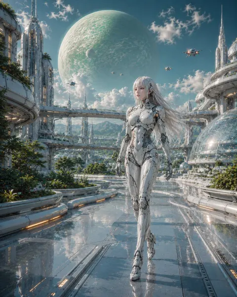Silver Android in Utopian Metropolis