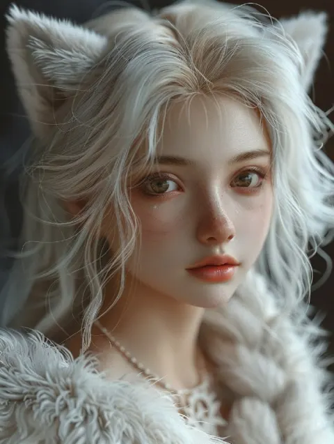 Mythical White Fox Spirit With Half Woman Face Portrait