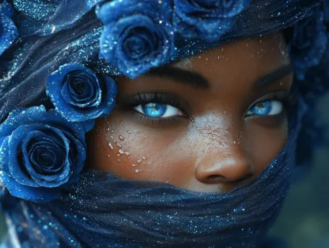 Enigmatic Black Woman with Blue Roses
