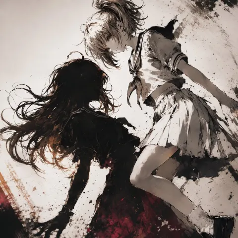 Dramatic Anime Girls in Ink Storm