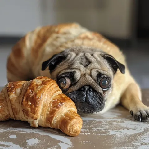 Croissant With Eyes Playing With a Pug Cartoon