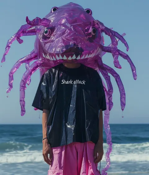 Shark-Headed Figure in Lavender Yohji Yamamoto Fashion