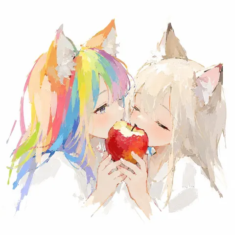 Cat Girls Sharing Apple Oil Painting