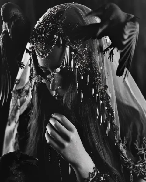 Ethereal Veiled Girl With Crows in Dramatic Analog Photo