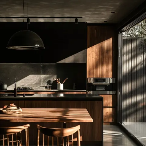 Black and Brown Kitchen With Soft Morning Window Shadows