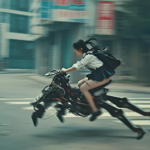 Asian Schoolgirl Riding Multi-Legged Robot Through Street