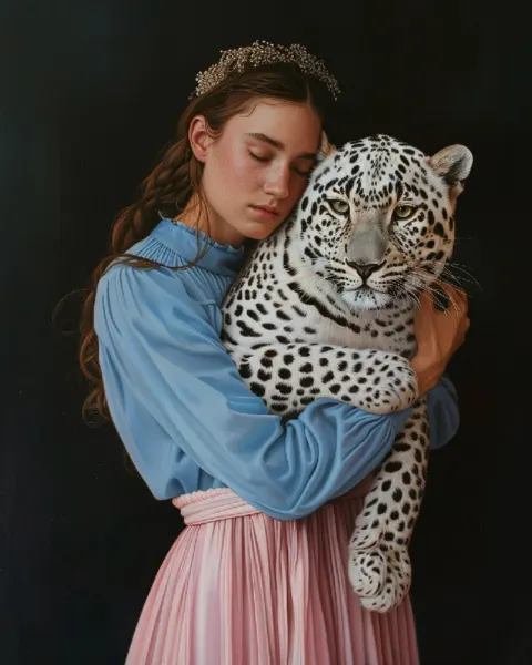 Woman Hugging White Leopard Hyperreal Oil Painting