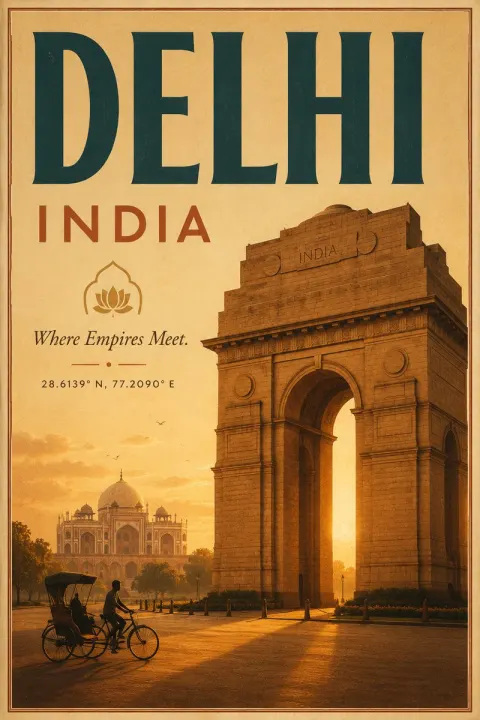 Vintage Art Deco Delhi Travel Poster