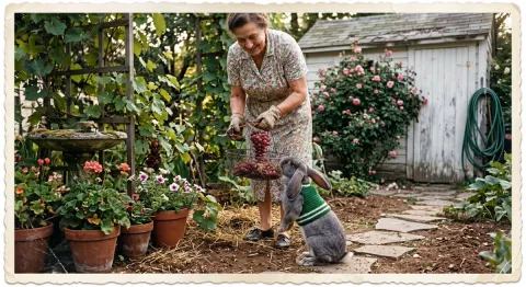 Vintage Garden Harvest with Rabbit